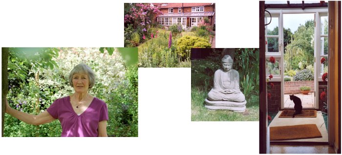 a collage of four photos, including the author, the author's cottage, a buddha statue and a cat in a doorway