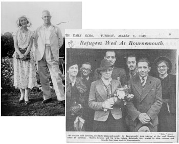 Two photos: One showing Egbert Eames with Dorothy and another being a press cutting about two German refugees getting married